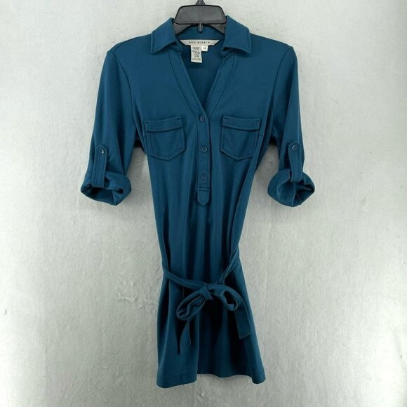 Max Studio Dress XS Teal Blue Collared V-Neck 3/4 Sleeve Roll-Tab Stretch Belted - Picture 1 of 11